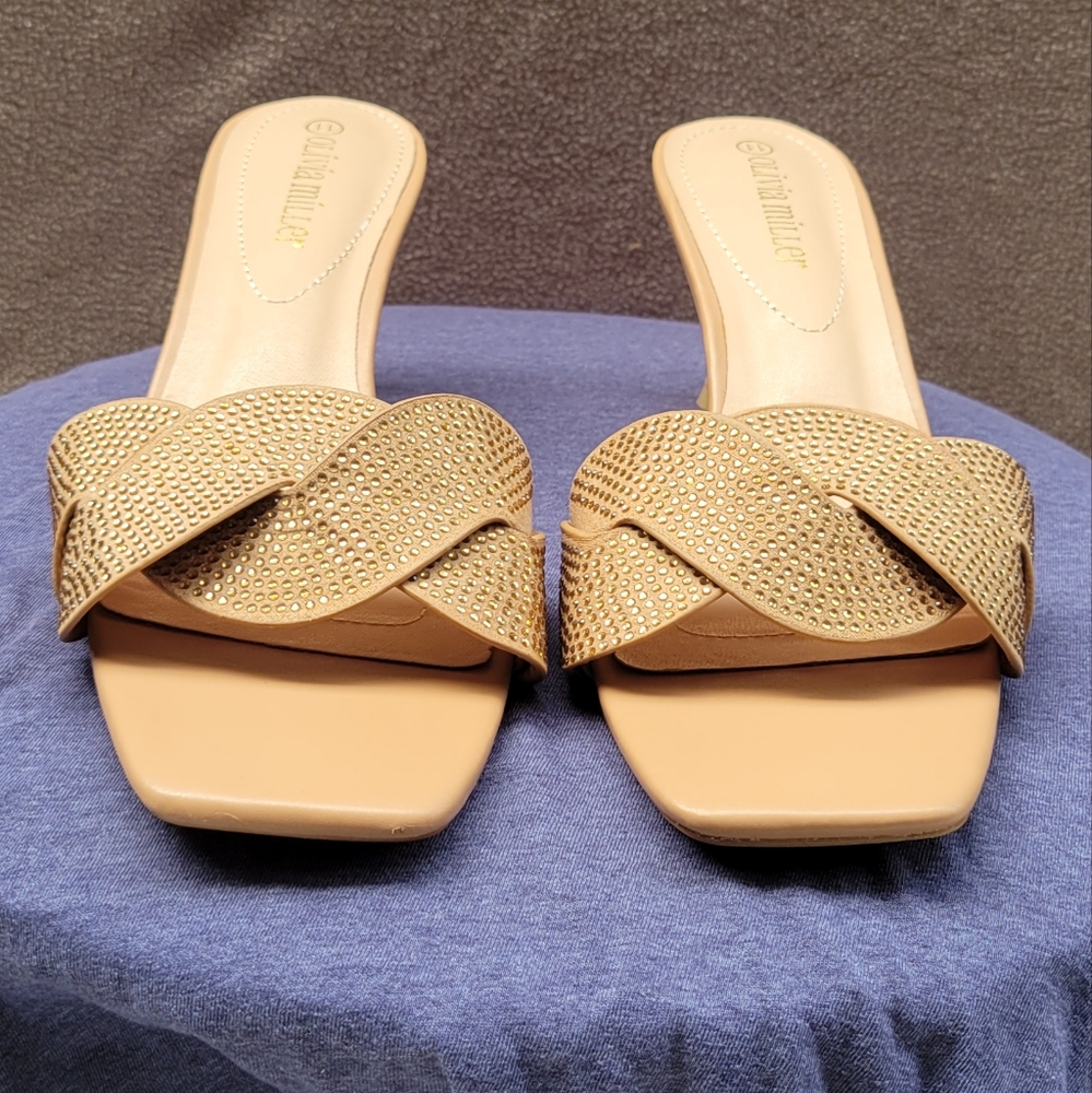 Olivia Miller Size 11 Beige Rhinestone Heeled Sandals Slip-On Square Toe Strappy